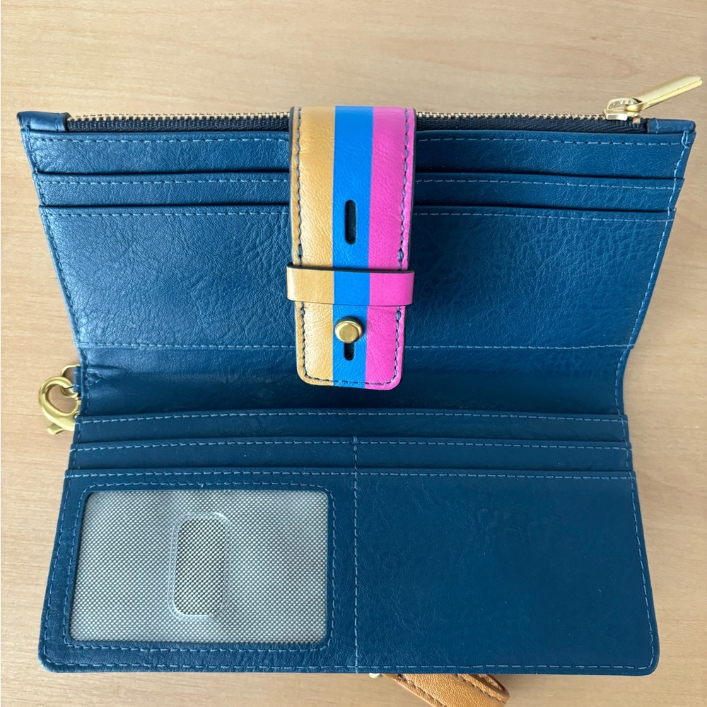 Fossil Navy Leather Wristlet Wallet with Tan, Blue and Pink Stripe - Picture 3 of 3